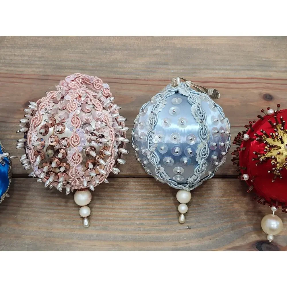 Vintage Hand Made Push Pin Beaded Christmas Ornament Decorations Lot Of 6